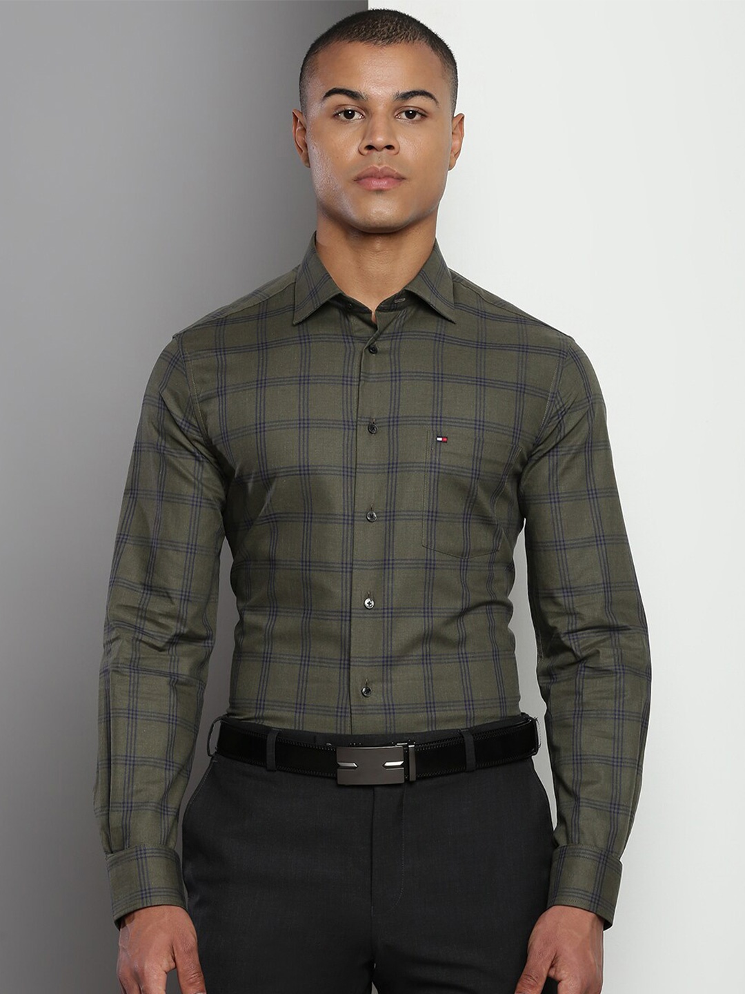 

Tommy Hilfiger Spread Collar Opaque Checked Cotton Casual Shirt, Olive