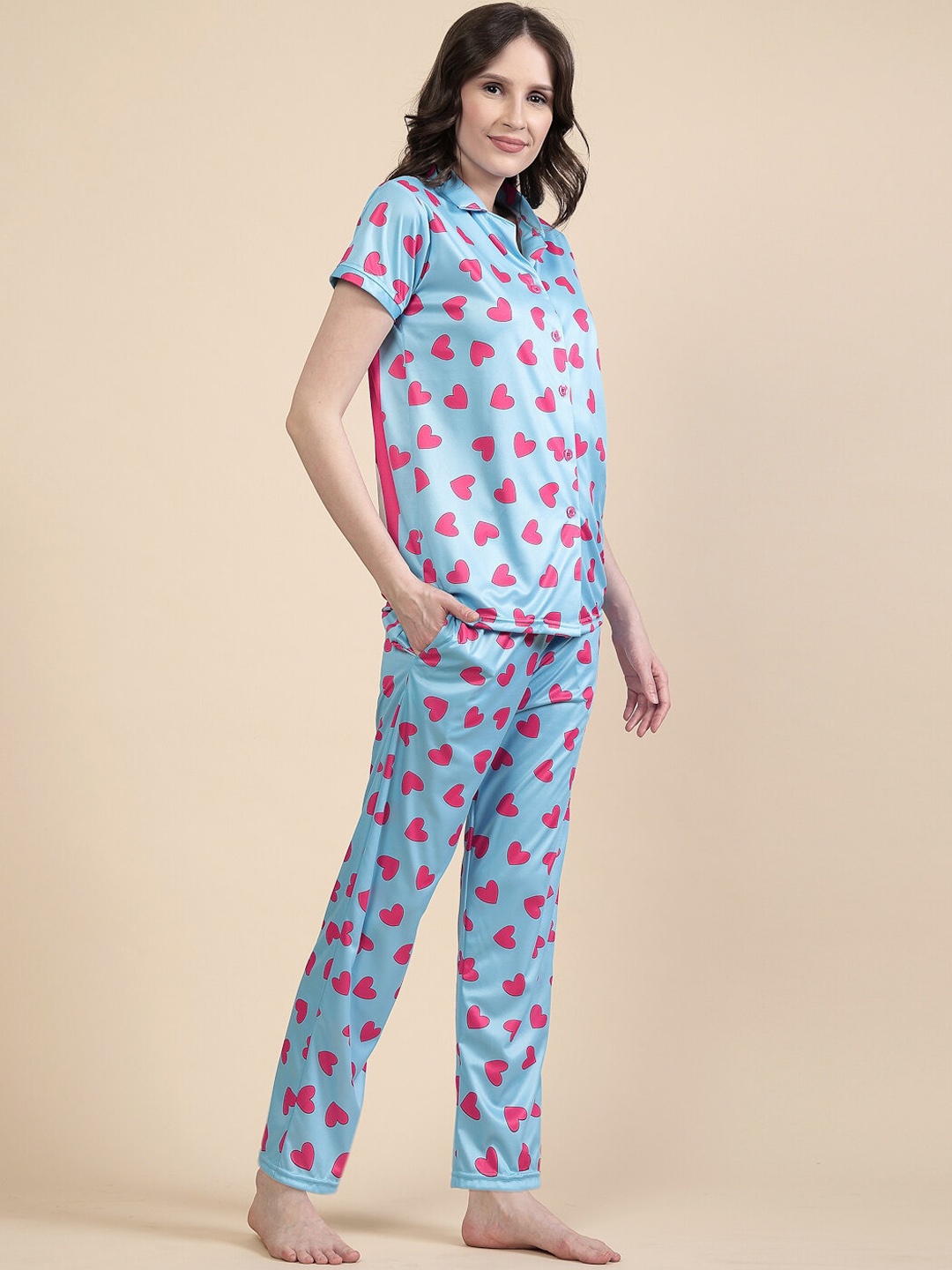 

FABINALIV Geometric Graphic Printed Women Night Suit, Blue