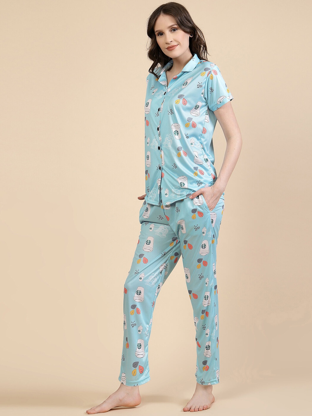 

FABINALIV Abstract Graphic Printed Women Night Suit, Turquoise blue
