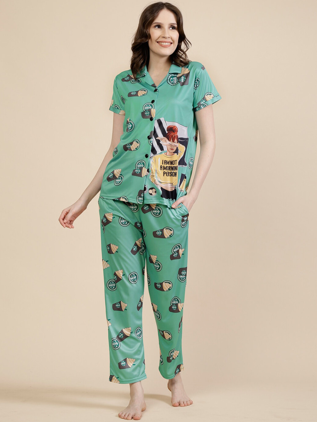 

FABINALIV Abstract Graphic Printed Women Night Suit, Green