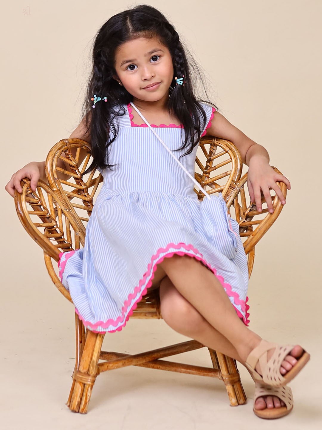 

Little Carrot Girls Striped Fit & Flare Dress With Sling Bag, Blue