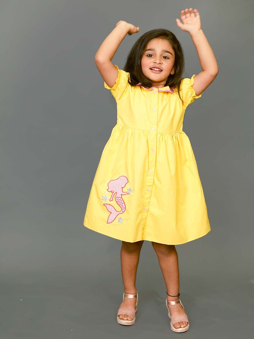 

Little Carrot Girls Peter Pan Colar Mermaid Sequin Cotton Blouson Dress, Yellow