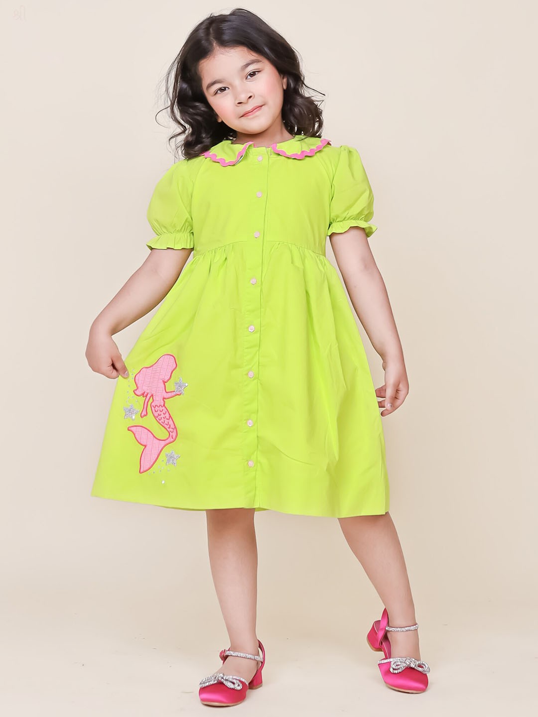 

Little Carrot Girls Puff Sleeve Mermaid Embellished Pure Cotton Fit & Flare Dress, Green