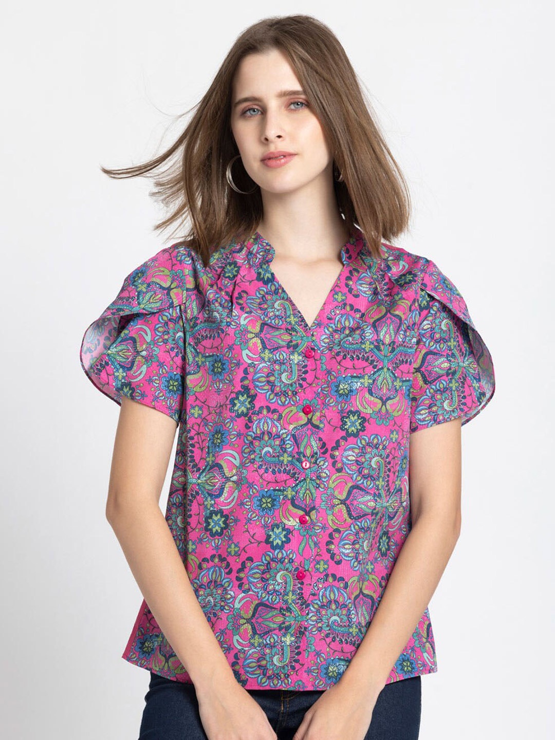 

SHAYE Floral Print Mandarin Collar Crepe Shirt Style Top, Pink