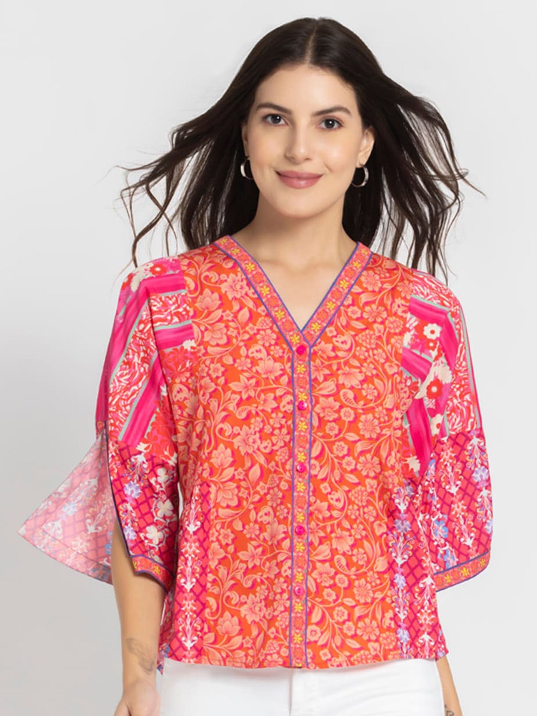 

SHAYE Floral Printed V-Neck Shirt Style Top, Fuchsia