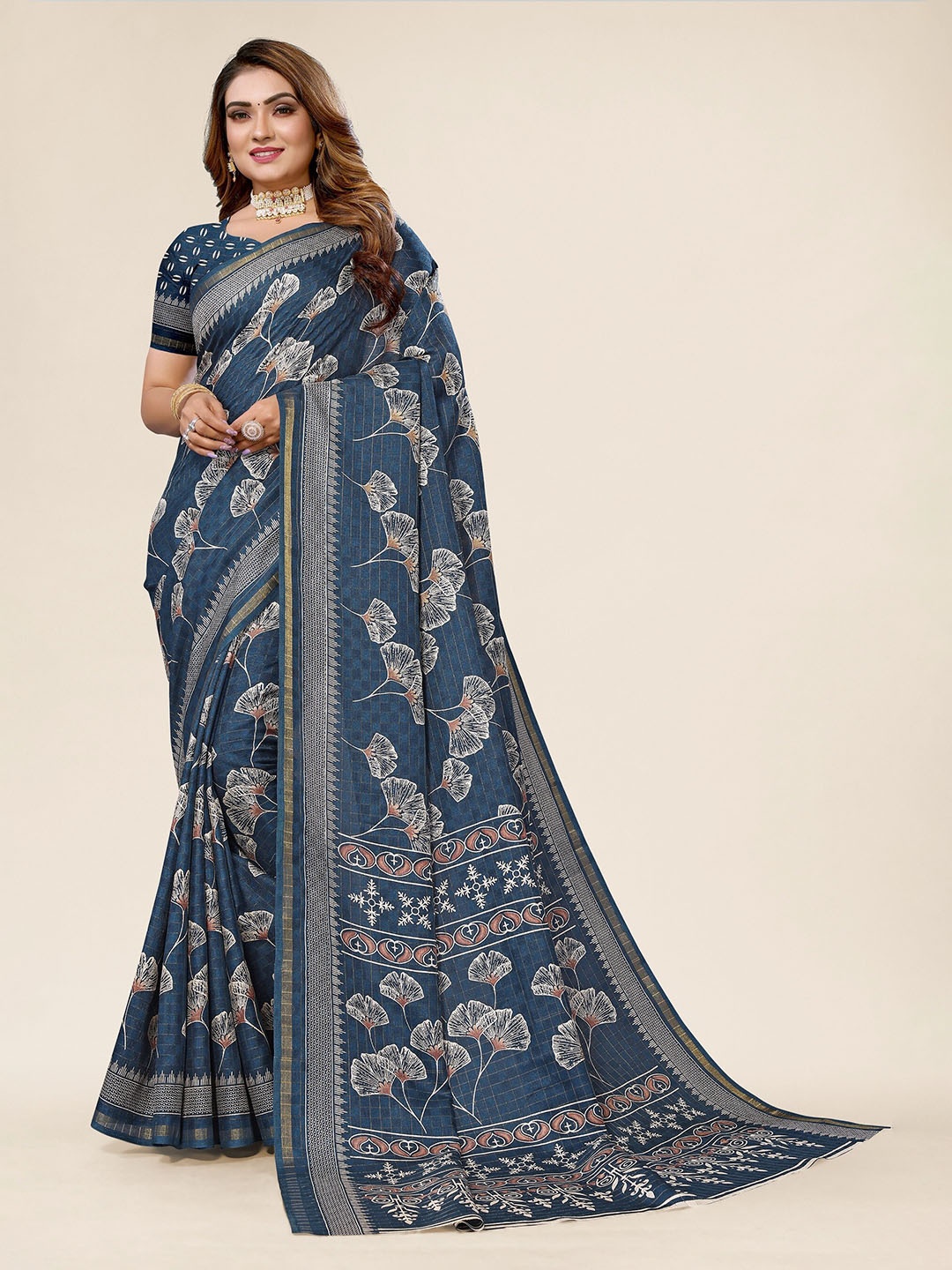 

Winza Designer Floral Woven Design Zari Maheshwari Saree, Blue