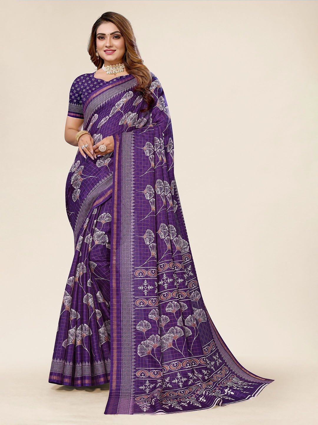 

Winza Designer Floral Woven Design Zari Maheshwari Saree, Purple