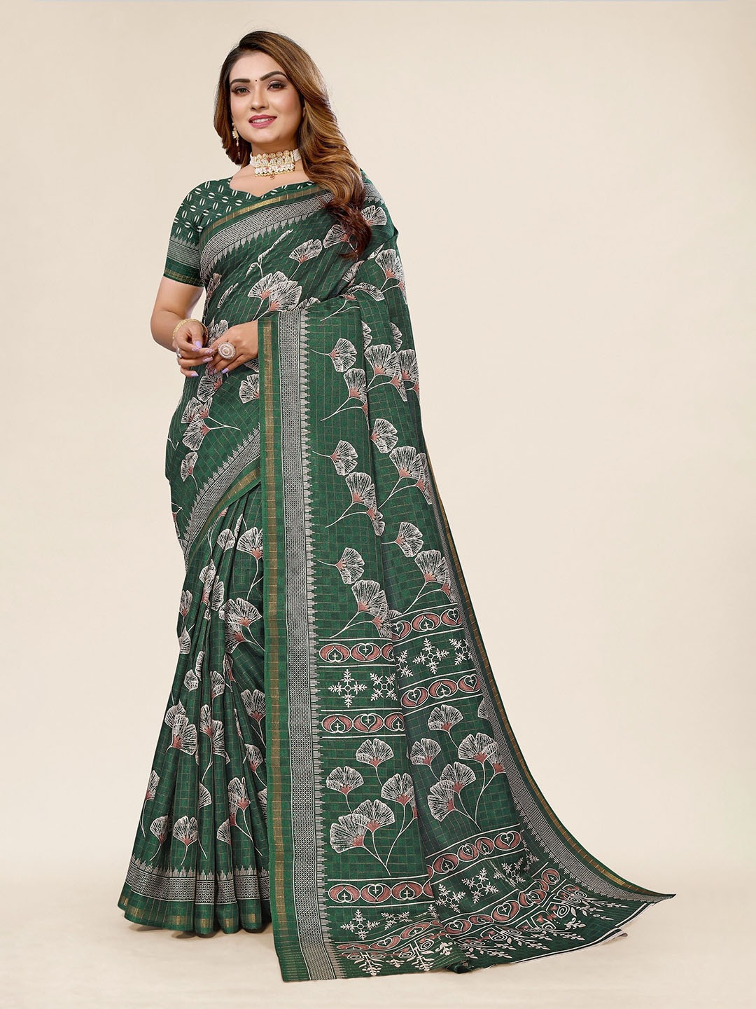 

Winza Designer Floral Woven Design Zari Maheshwari Saree, Green