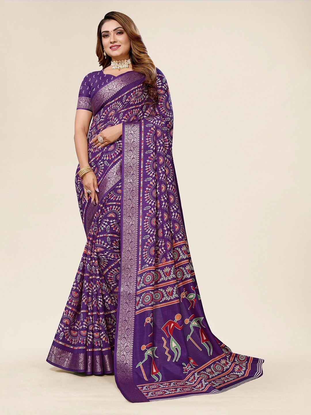 

Winza Designer Ethnic Motifs Woven Design Zari Chanderi Saree, Purple