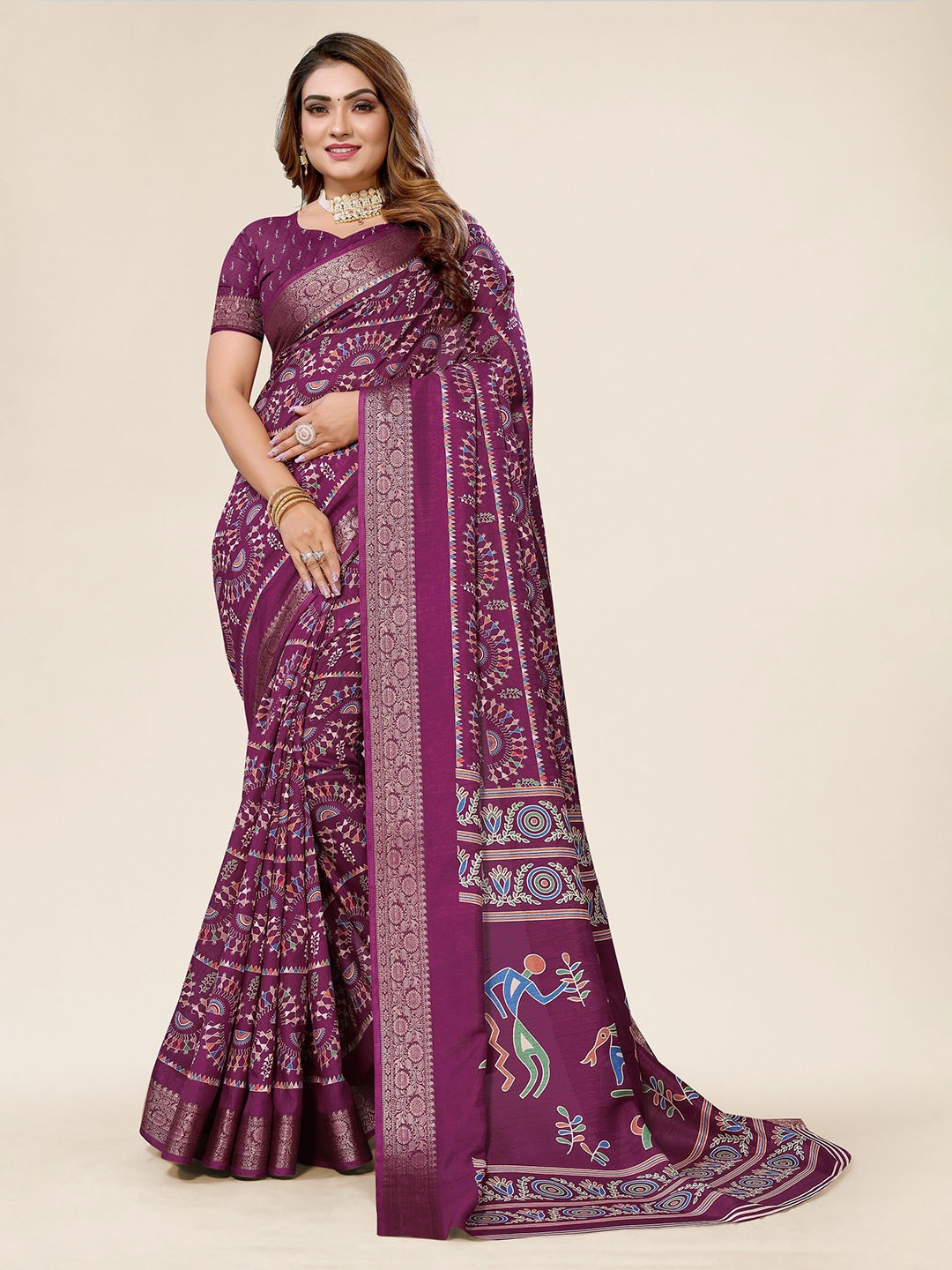

Winza Designer Ethnic Motifs Woven Design Zari Chanderi Saree, Magenta