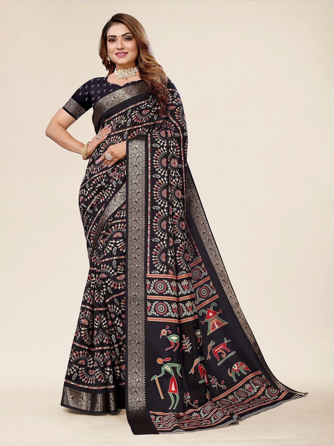 

Winza Designer Ethnic Motifs Woven Design Zari Chanderi Saree, Black