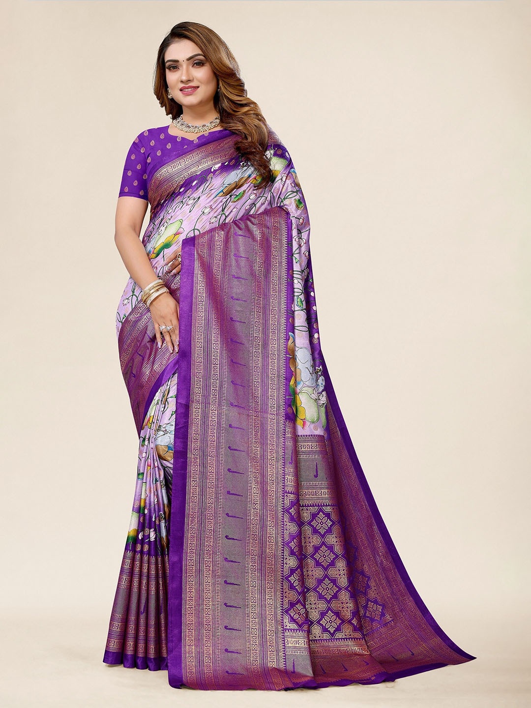 

Winza Designer Floral Woven Design Zari Maheshwari Saree, Purple