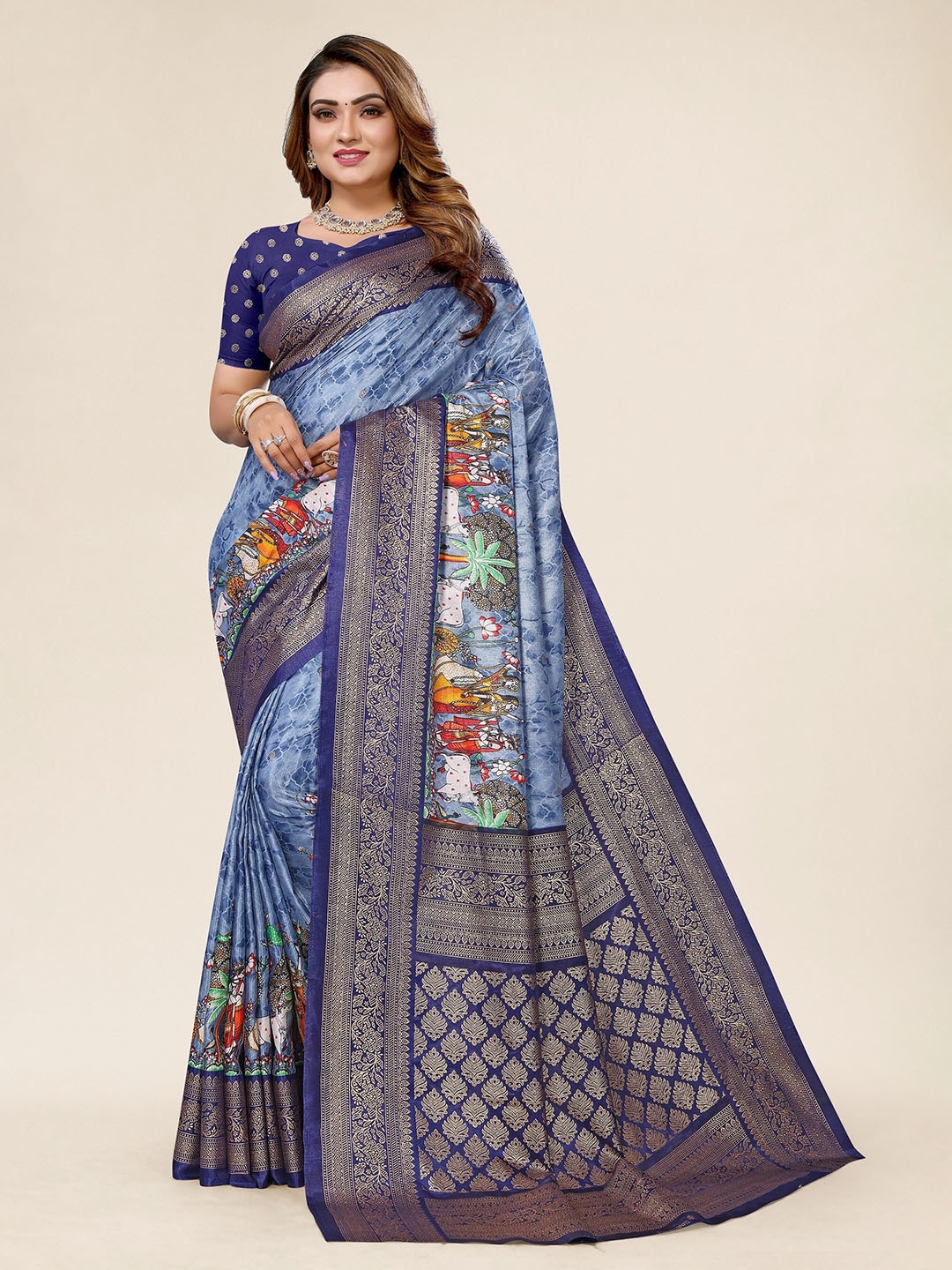 

Winza Designer Ethnic Motifs Woven Design Zari Maheshwari Saree, Navy blue