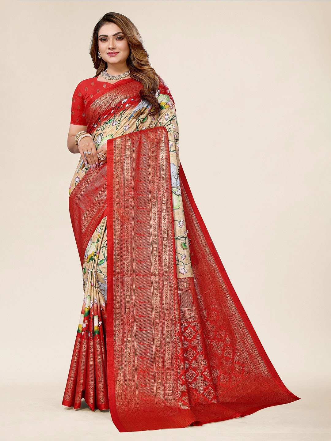 

Winza Designer Ethnic Motifs Woven Design Zari Maheshwari Saree, Red