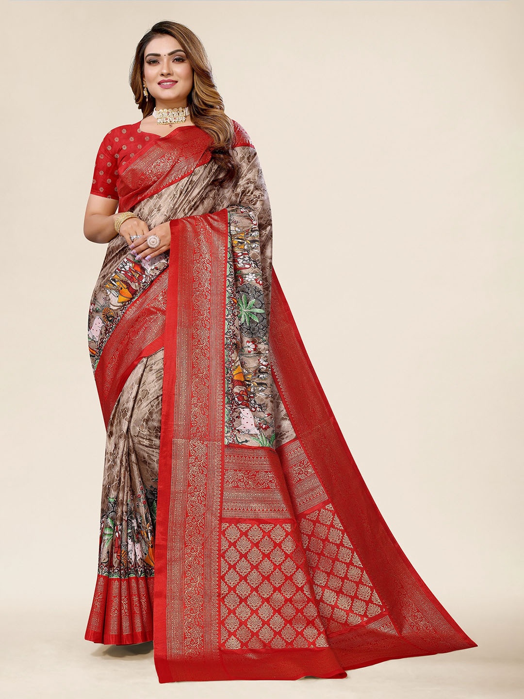 

Winza Designer Ethnic Motifs Woven Design Zari Maheshwari Saree, Red