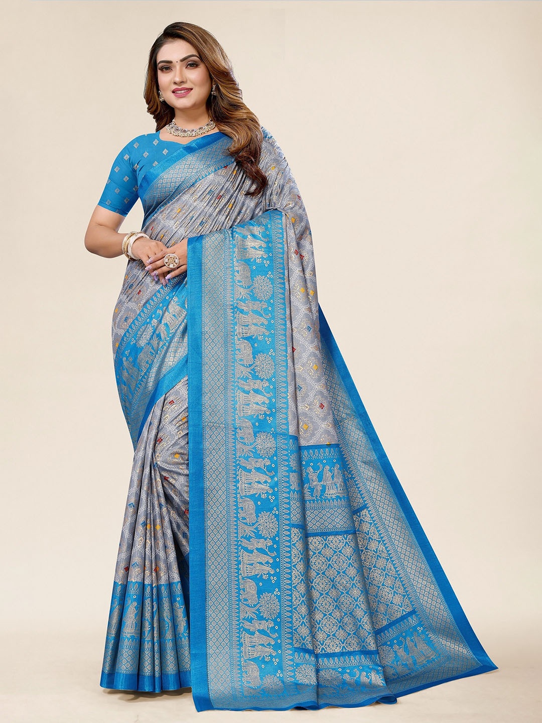 

Winza Designer Ethnic Motifs Woven Design Zari Mysore Silk Saree, Blue