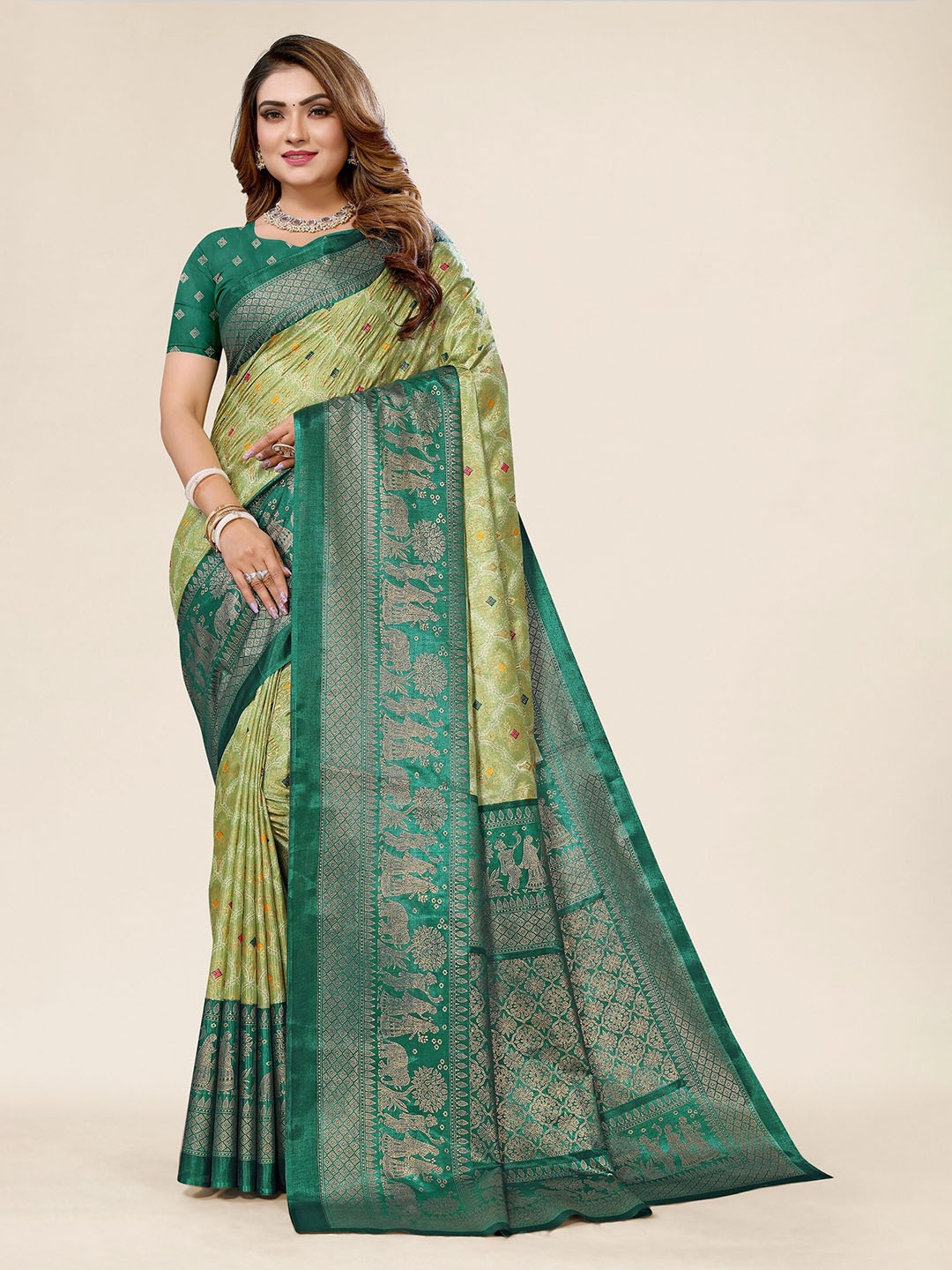 

Winza Designer Ethnic Motifs Woven Design Zari Mysore Silk Saree, Green