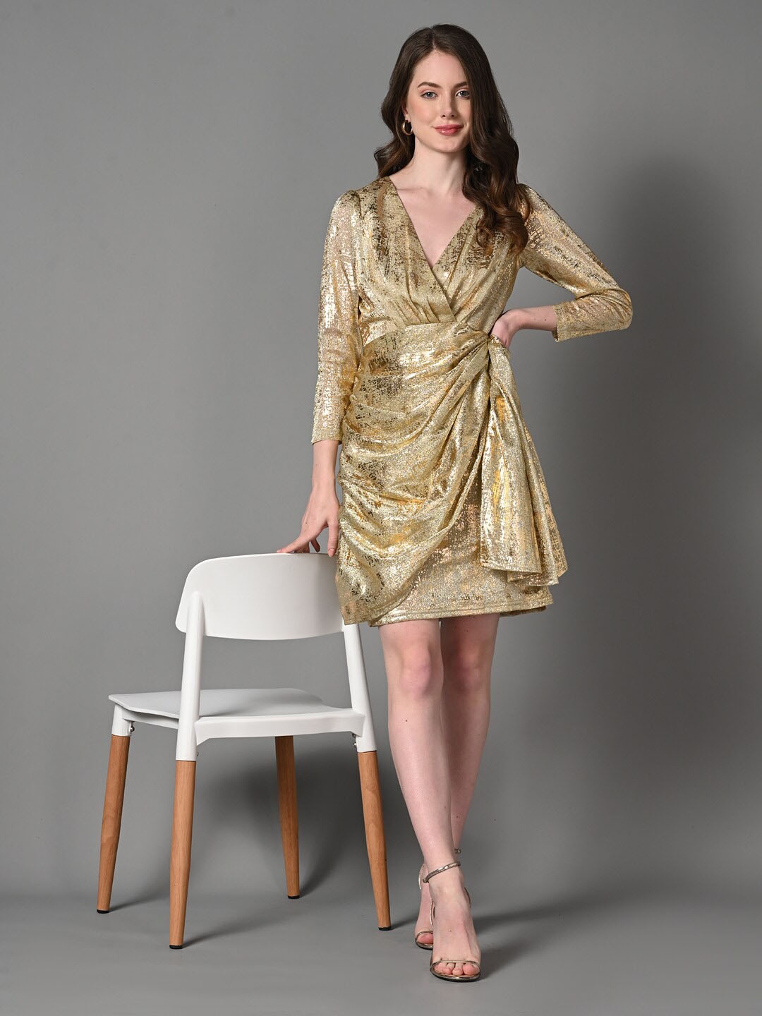 

Justin Whyte Beyonce Sheen V Neck Wrap Mini Dress, Gold