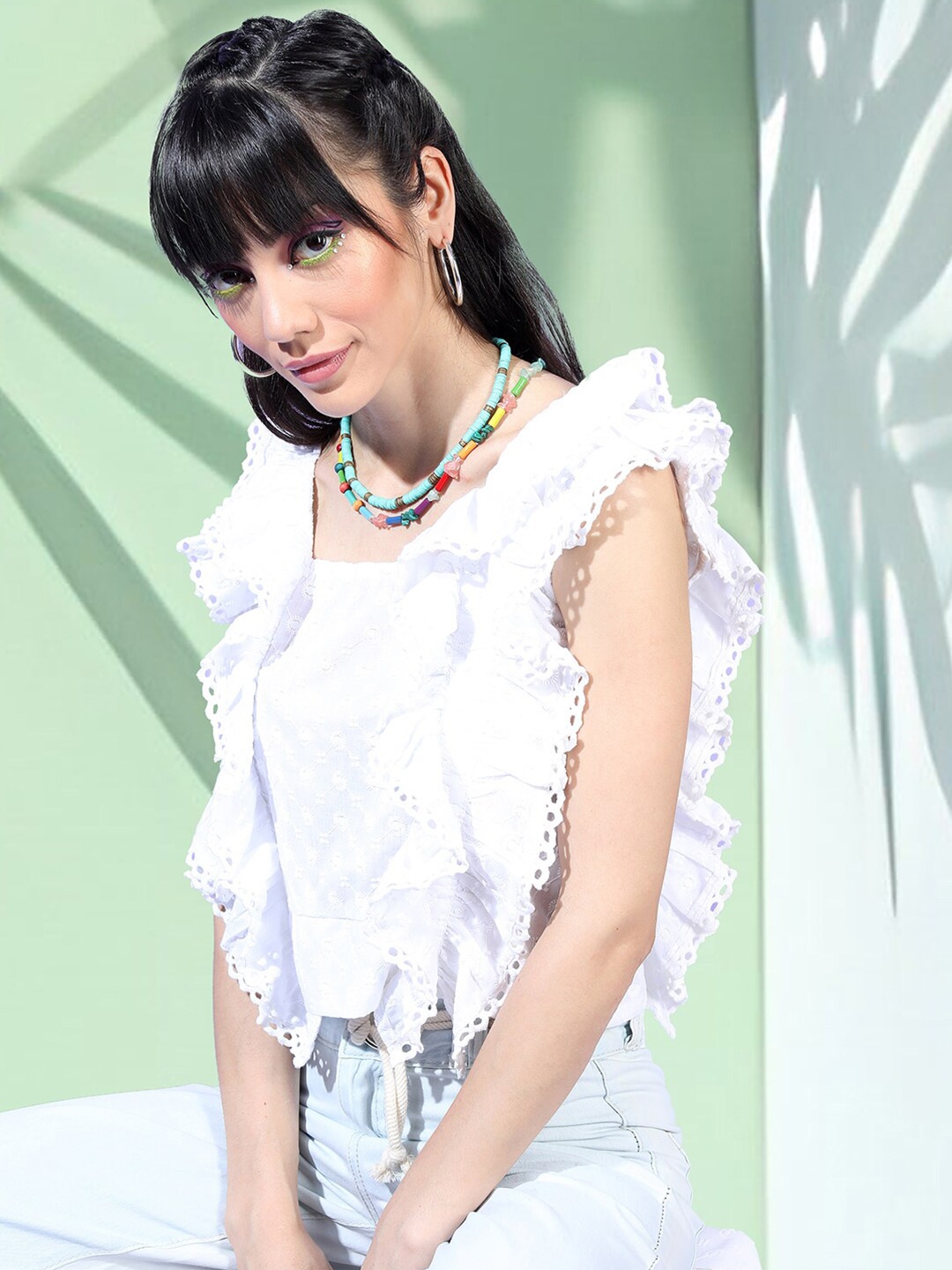 

Tokyo Talkies White Self Design Square Neck Ruffled Crop Top