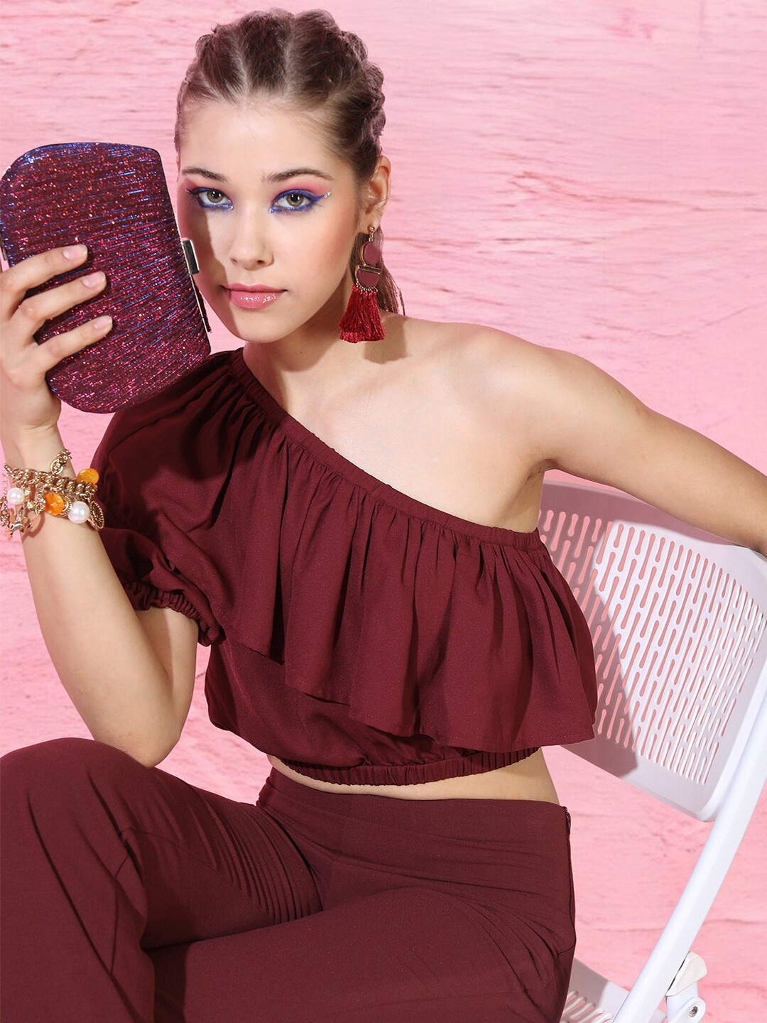 

Tokyo Talkies Maroon One Shoulder Ruffled Fitted Crop Top