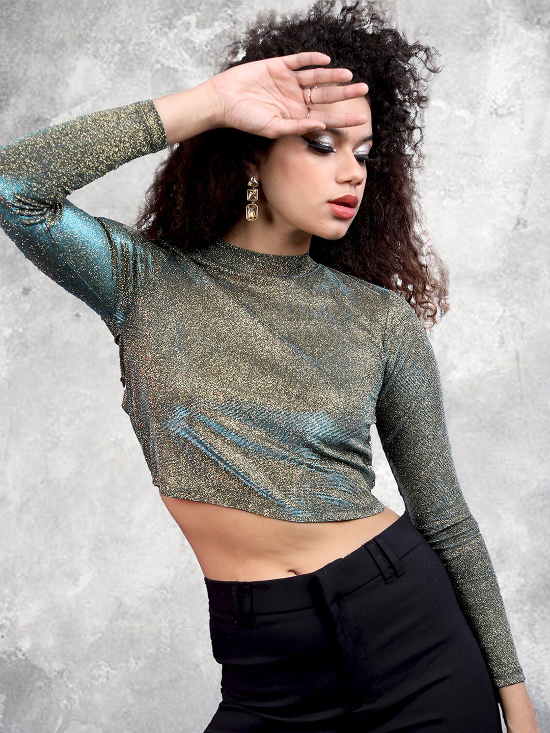 

Tokyo Talkies High Neck Long Sleeves Styled Back Crop Top, Gold