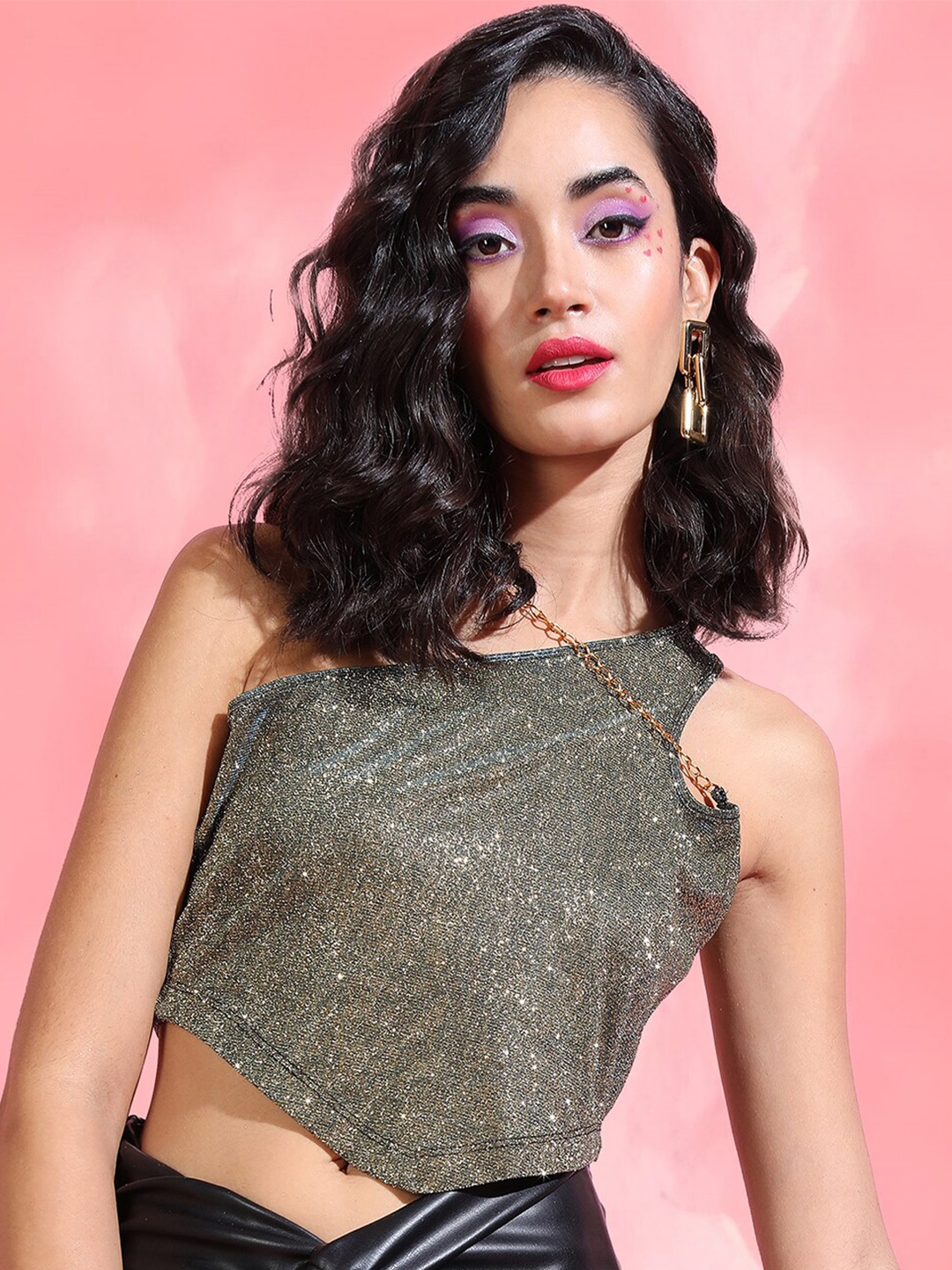 

Tokyo Talkies Gold Toned One Shoulder Cut Out Crop Top