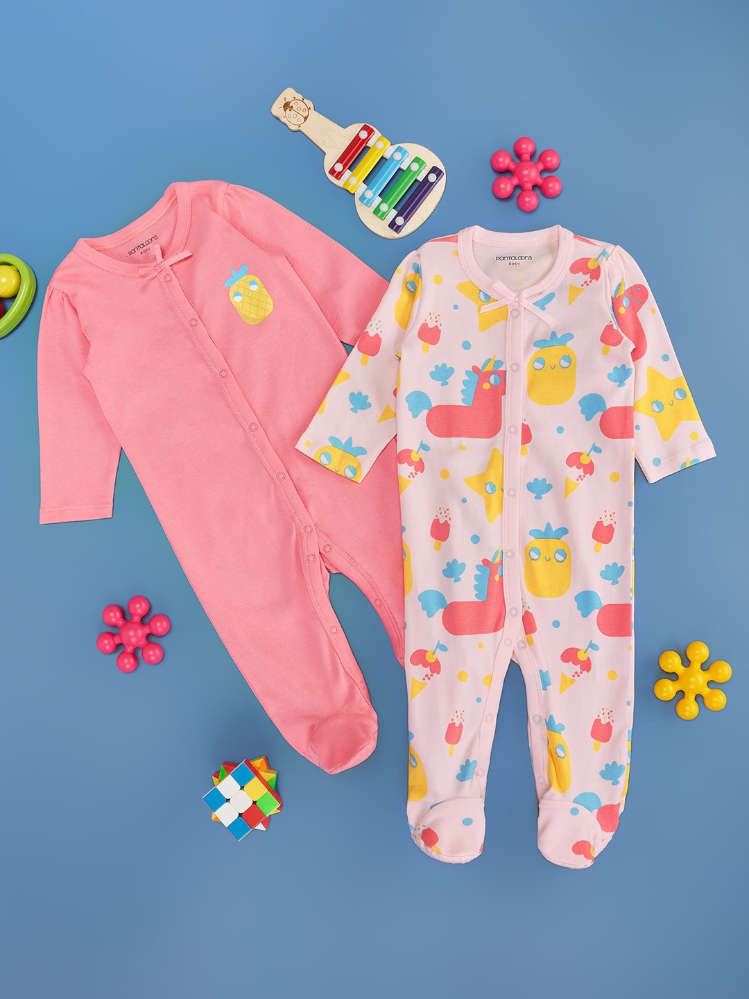 

Pantaloons Baby Infant Girls Pack Of 2 Printed Cotton Sleepsuit, Pink