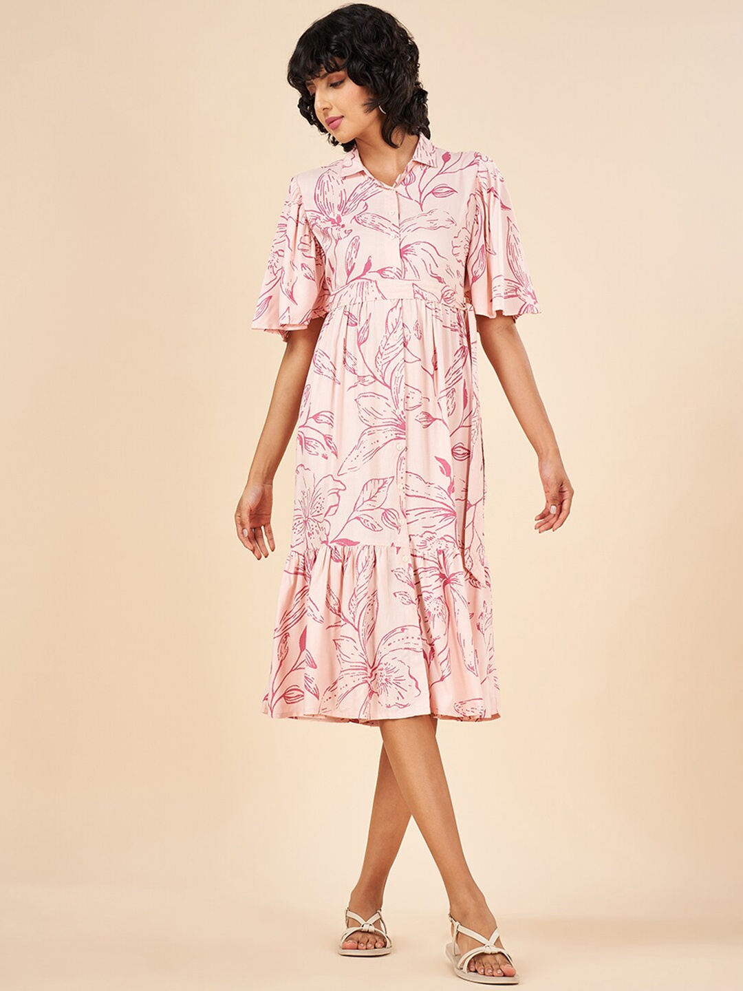 

AKKRITI BY PANTALOONS Floral Print Shirt Collar Flared Sleeves A-Line Dress, Pink