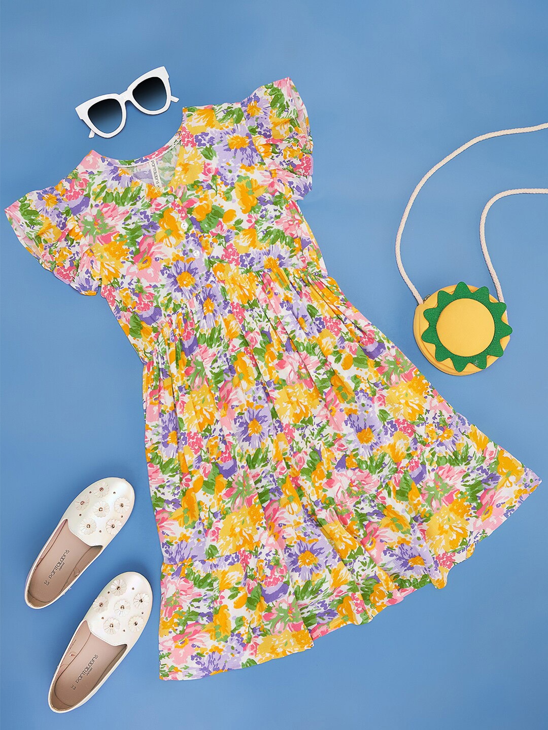 

Pantaloons Junior Floral Printed Flutter Sleeve Fit & Flare Dress, White