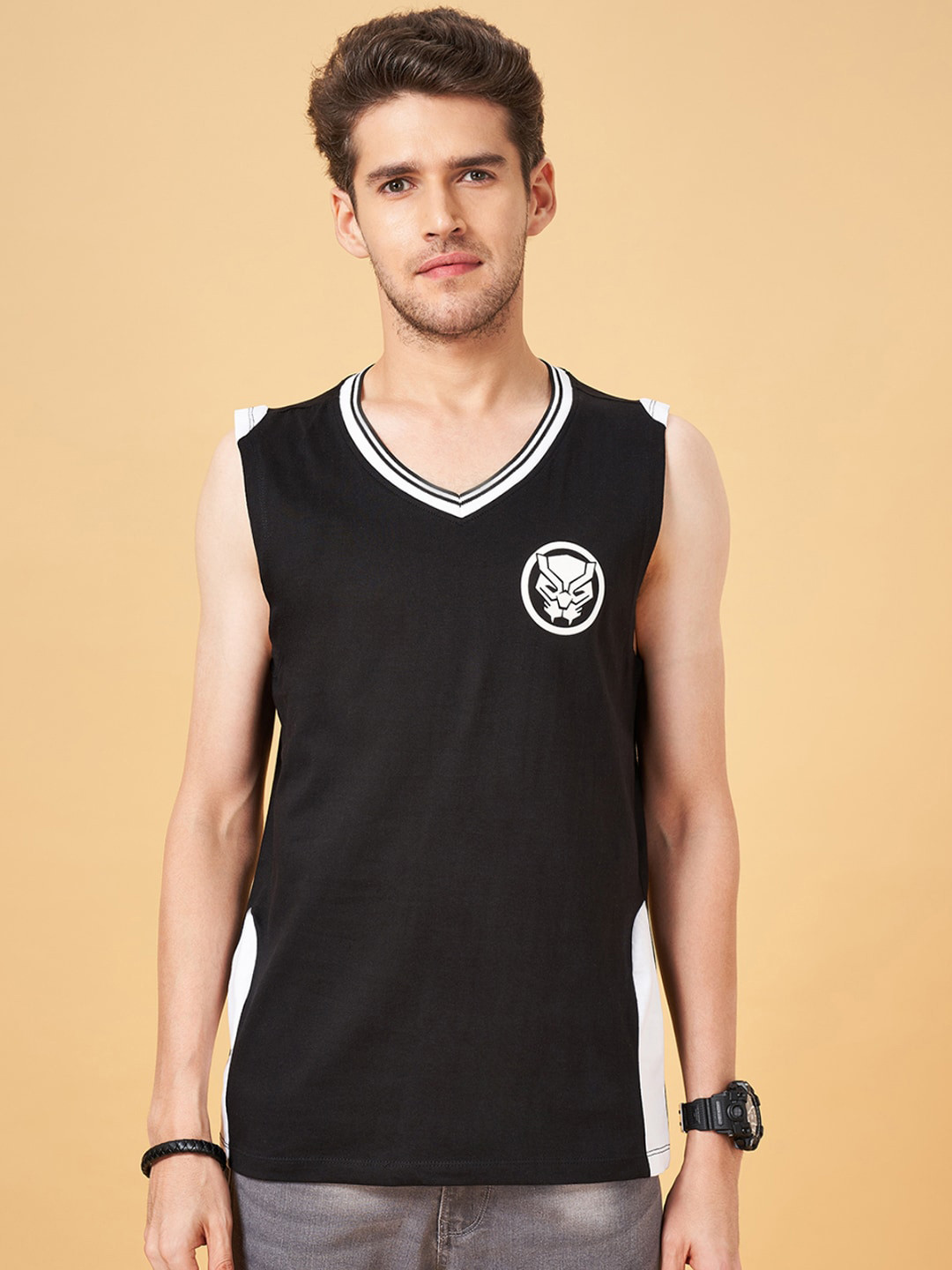 

SF JEANS by Pantaloons Printed Pure Cotton Innerwear Vest, Black