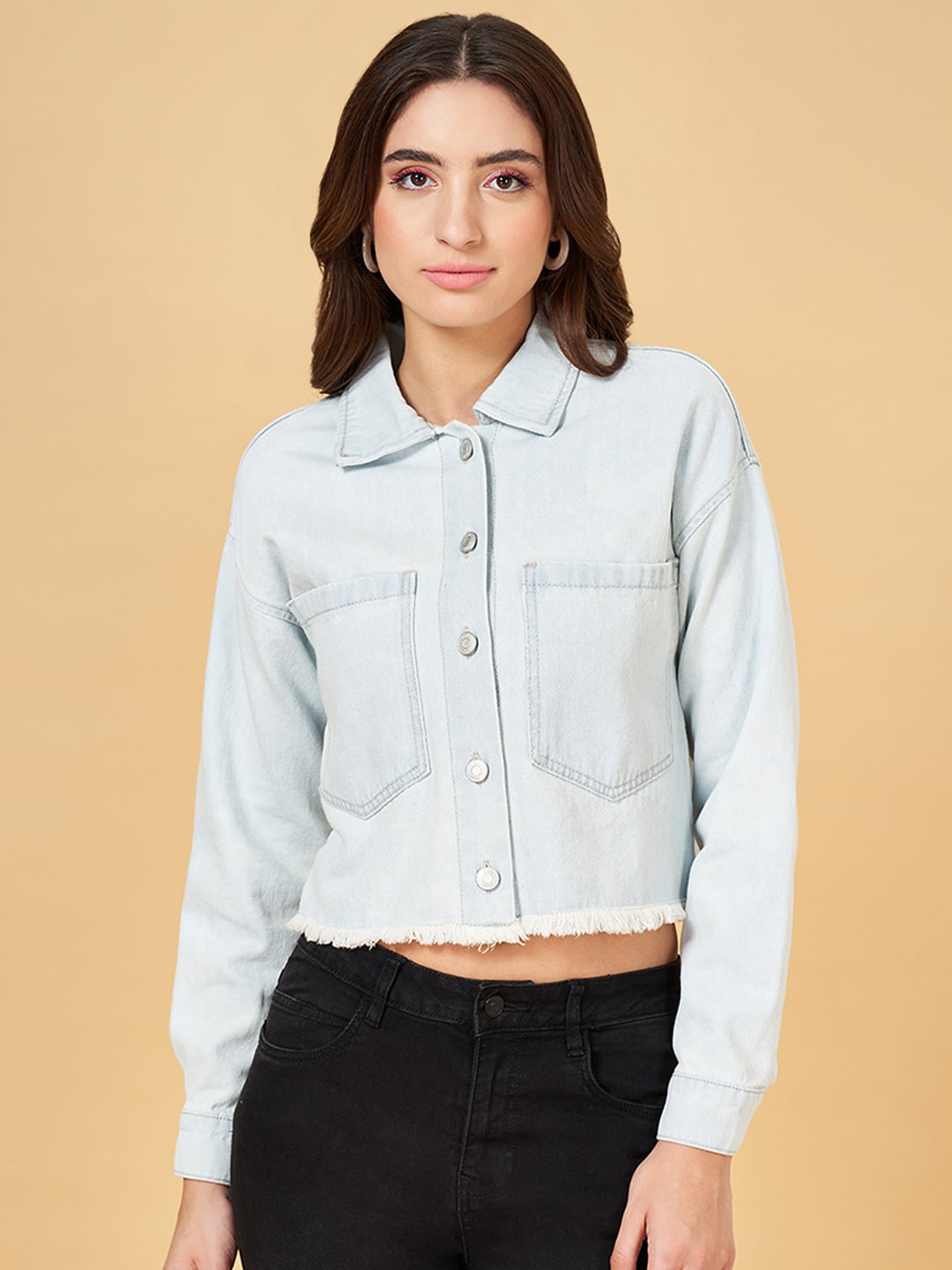 

People Pure Cotton Crop Denim Jacket, Blue