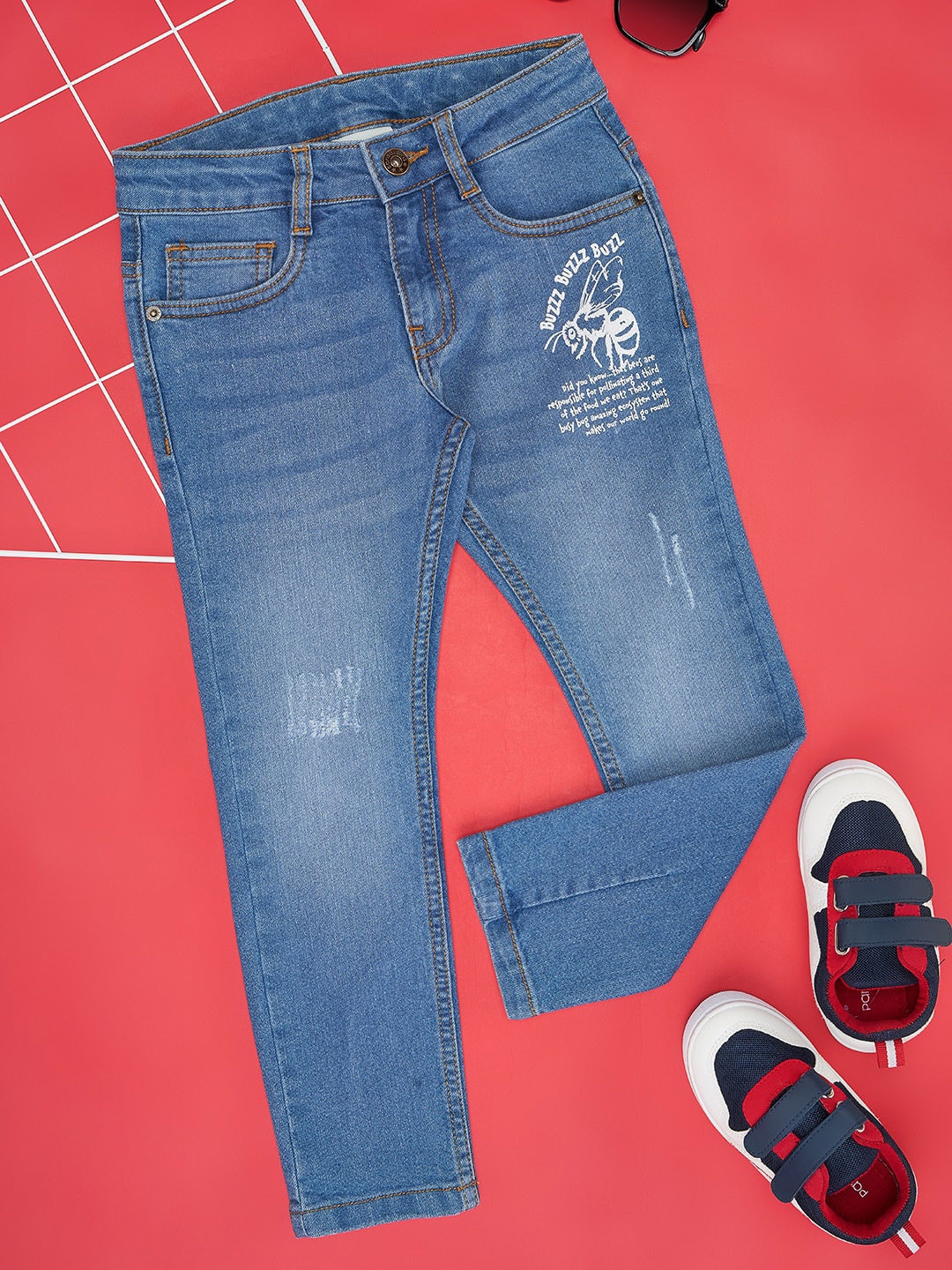 

Pantaloons Junior Boys Printed Slim Fit Low Distress Light Fade Stretchable Jeans, Blue
