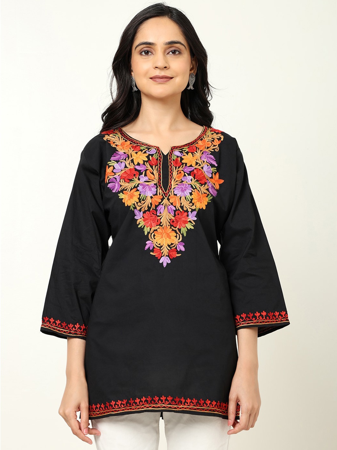 

CRAFTBAZAR Floral Embroidered Notched Pure Cotton Straight Kurti, Black