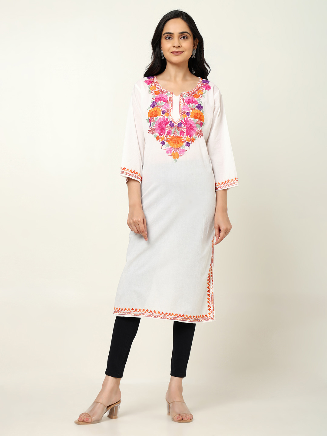 

CRAFTBAZAR Floral Embroidered Mirror Work Cotton Tiered Straight Kurta, White