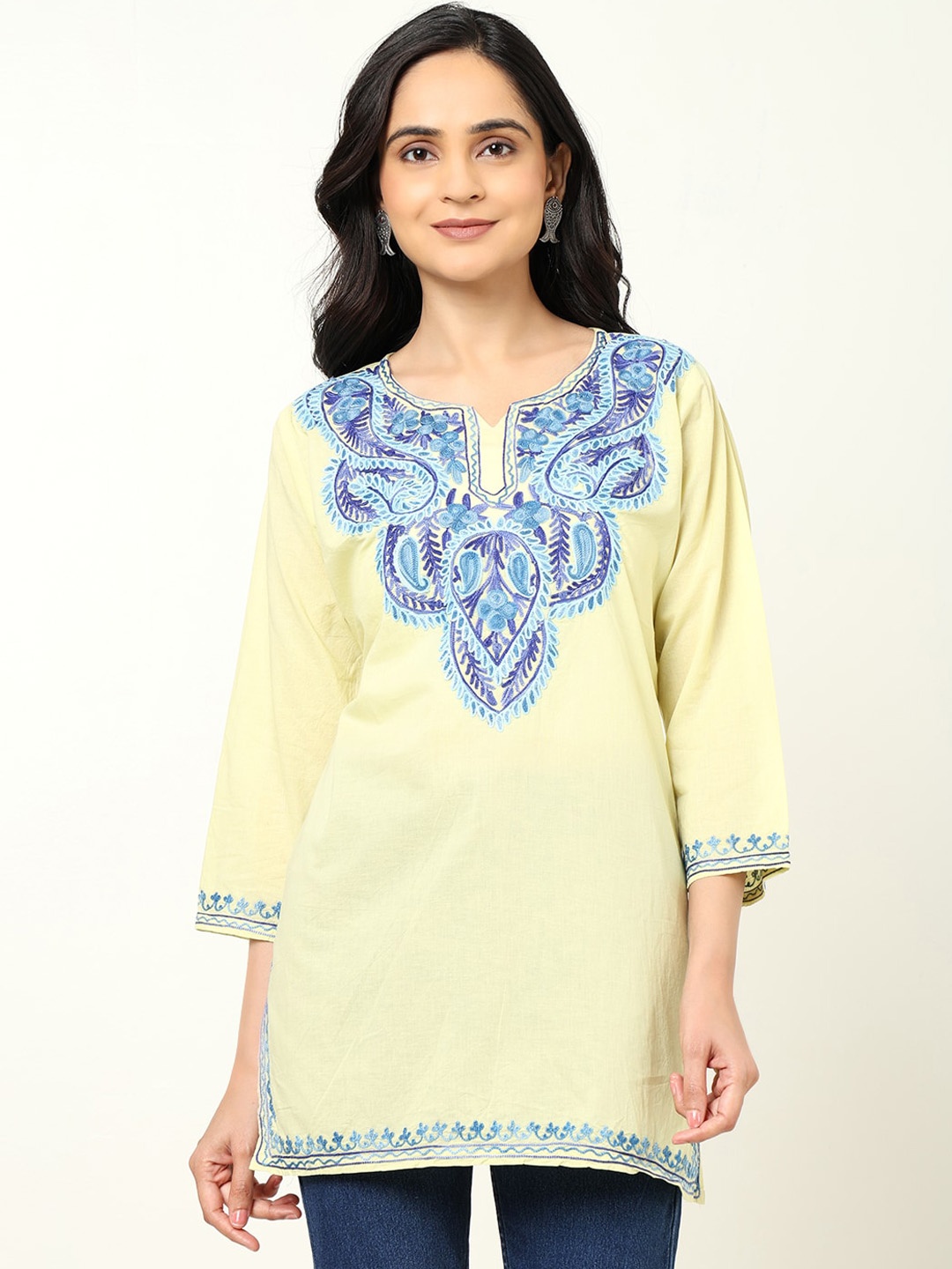 

CRAFTBAZAR Floral Embroidered Notched Pure Cotton Straight Kurti, Yellow