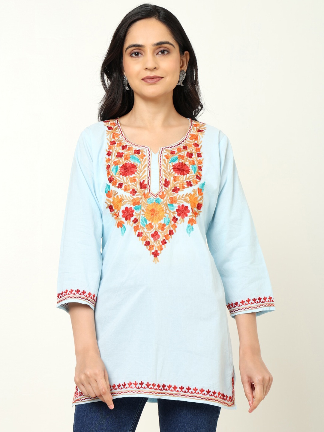 

CRAFTBAZAR Floral Embroidered Notched Pure Cotton Straight Kurti, Blue