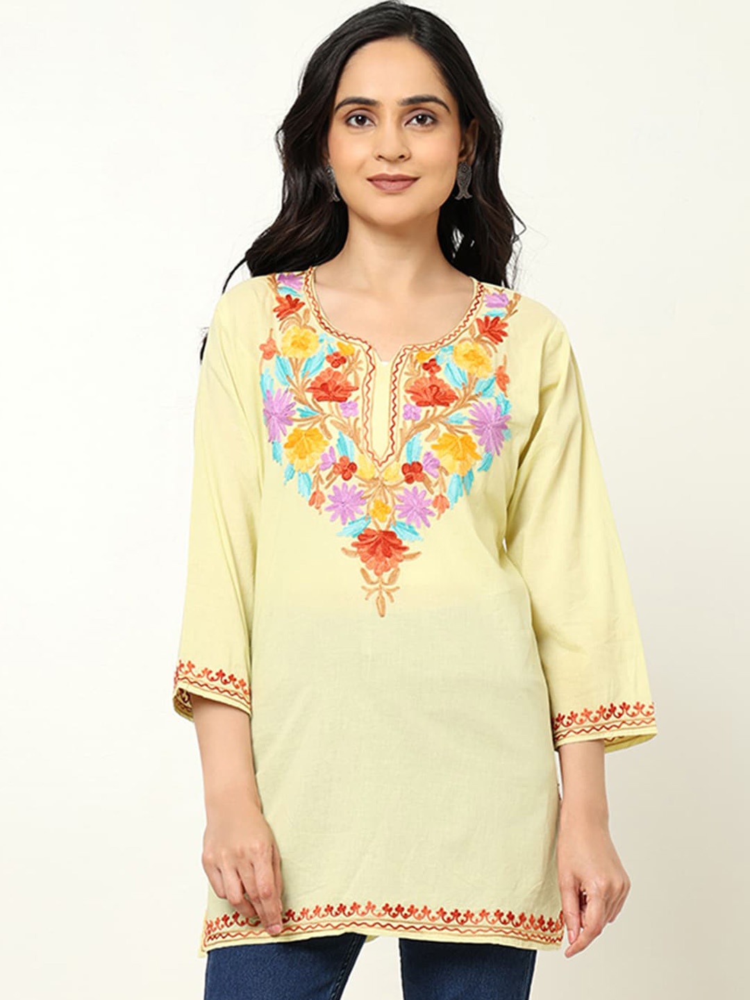 

CRAFTBAZAR Floral Embroidered Notched Pure Cotton Straight Kurti, Yellow