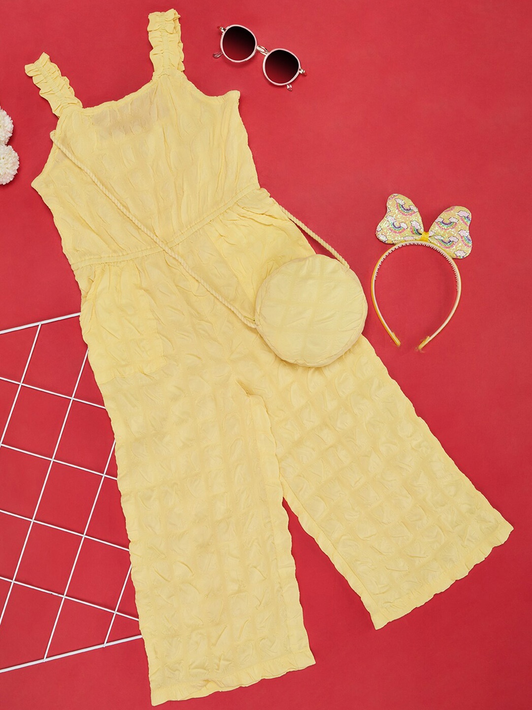 

Pantaloons Junior Girls Self Design Square Neck Basic Jumpsuit With Hand Bag, Yellow