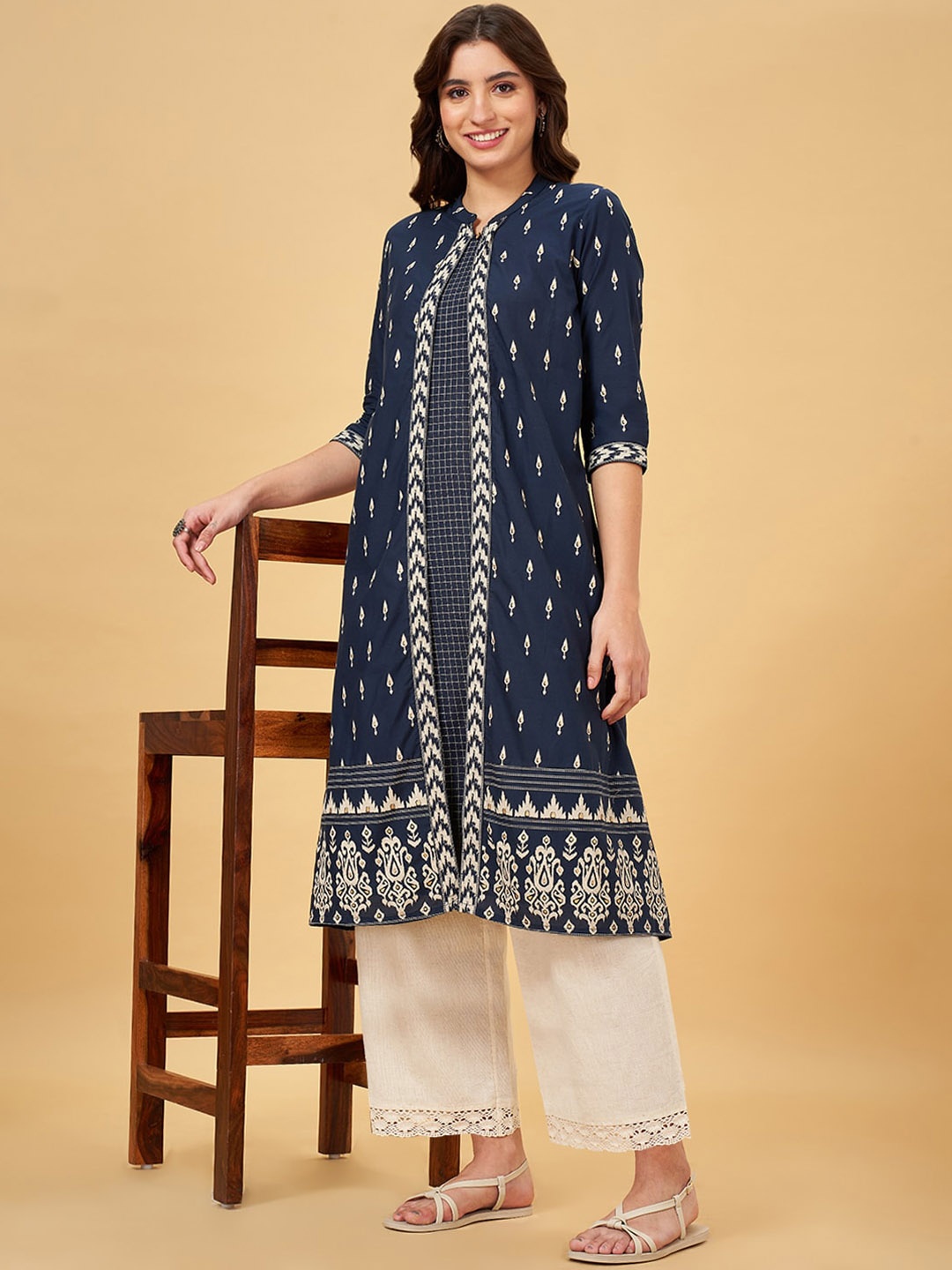 

RANGMANCH BY PANTALOONS Ethnic Motifs Printed Layered Pure Cotton A-line Kurta, Navy blue
