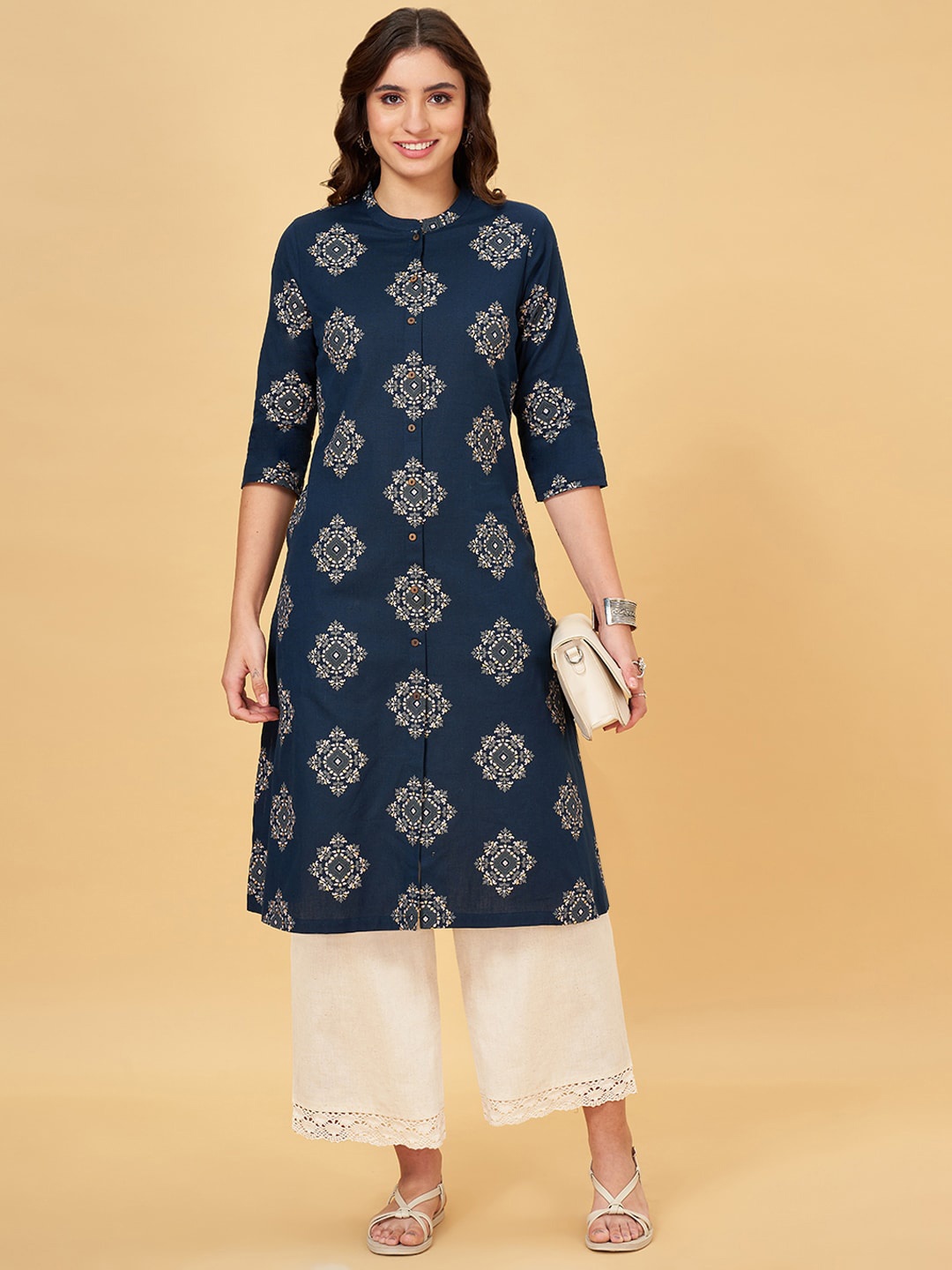 

RANGMANCH BY PANTALOONS Ethnic Motifs Printed A-line Kurta, Black