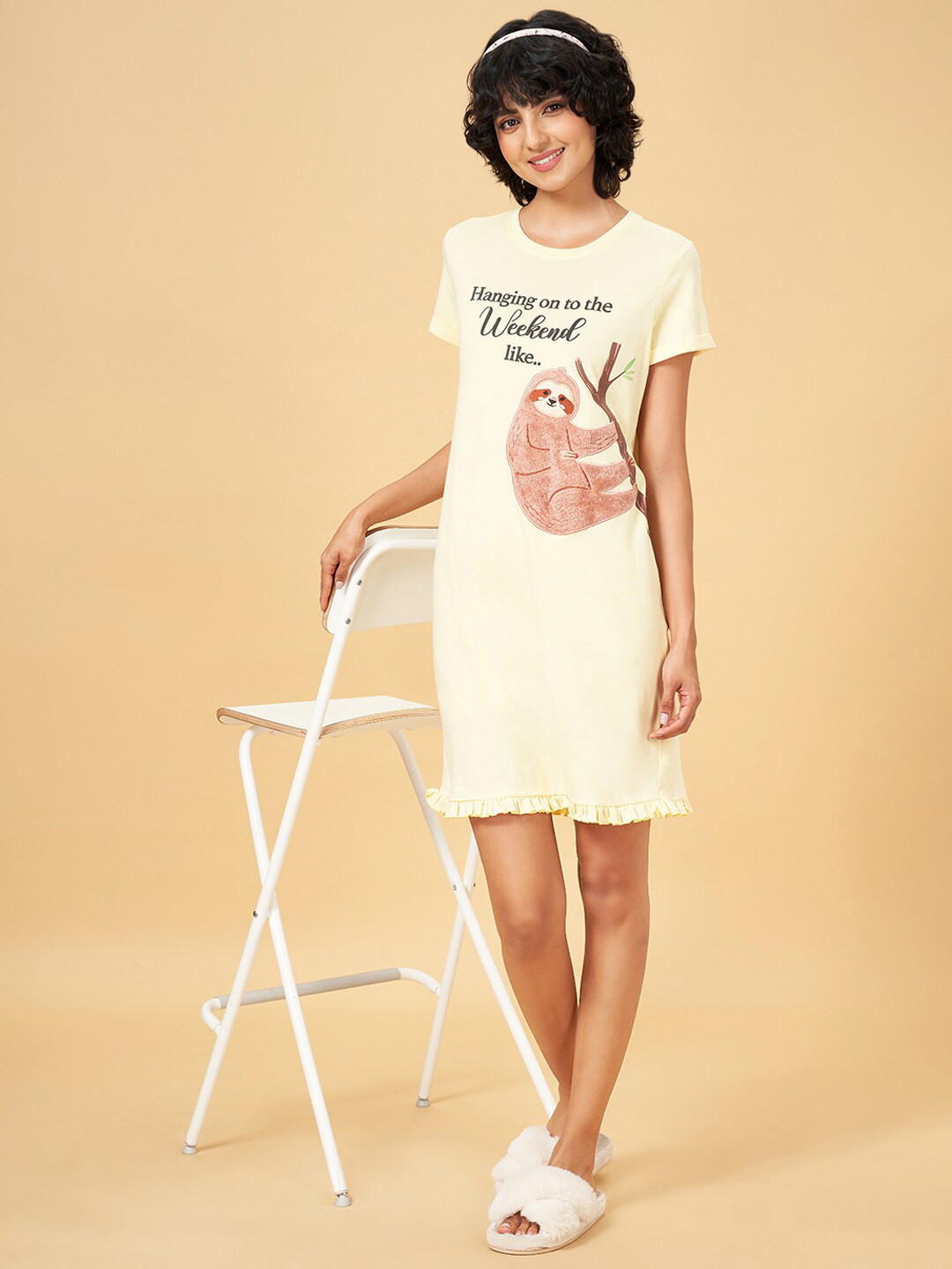 

Dreamz by Pantaloons Typography Printed Pure Cotton Nightdress, Yellow