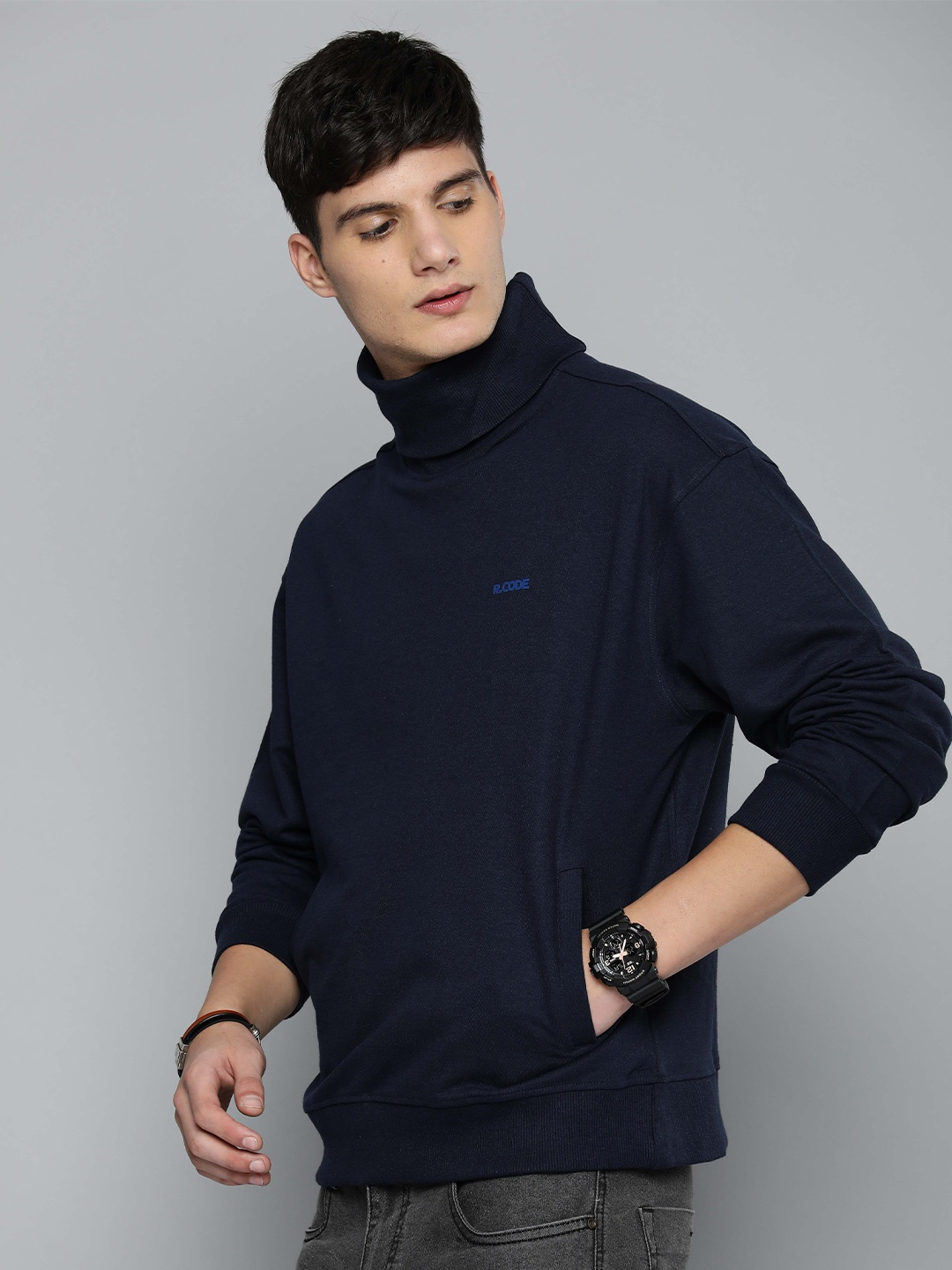 

R.Code by The Roadster Life Co. Turtle Neck Cotton Oversized Pullover, Navy blue