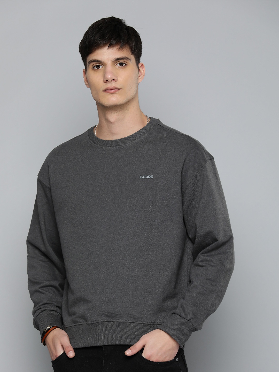 

R.Code by The Roadster Life Co. Men Long Sleeve Oversized Pullover, Grey