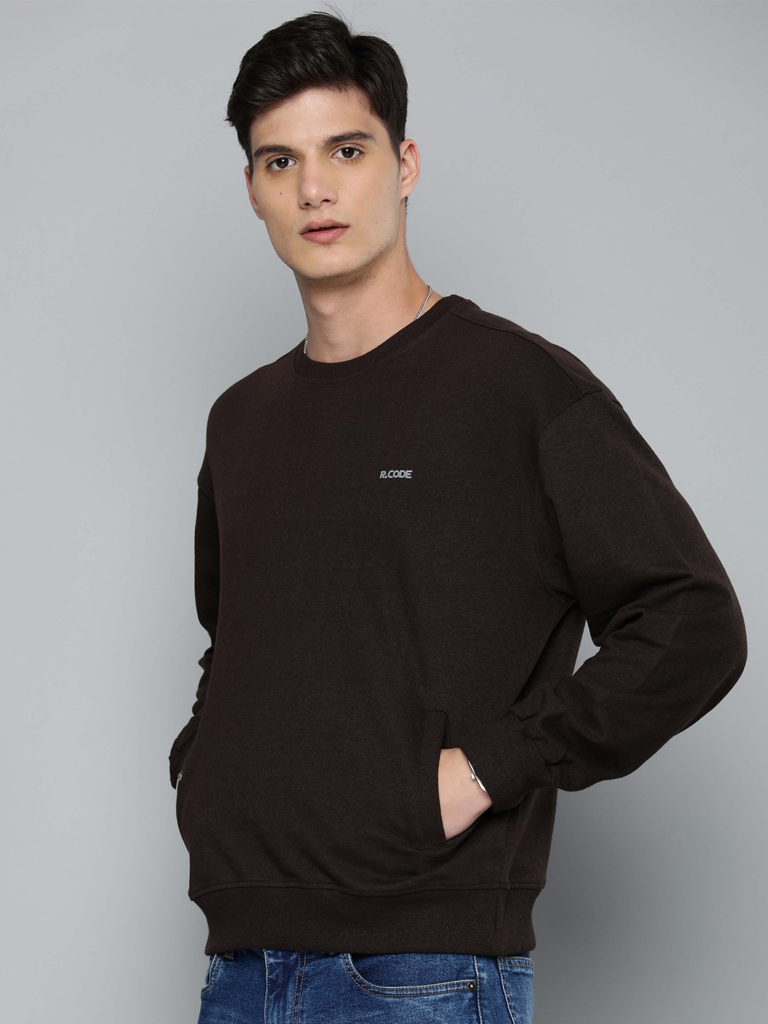 

R.Code by The Roadster Life Co. Round Neck Cotton Oversized Pullover, Coffee brown