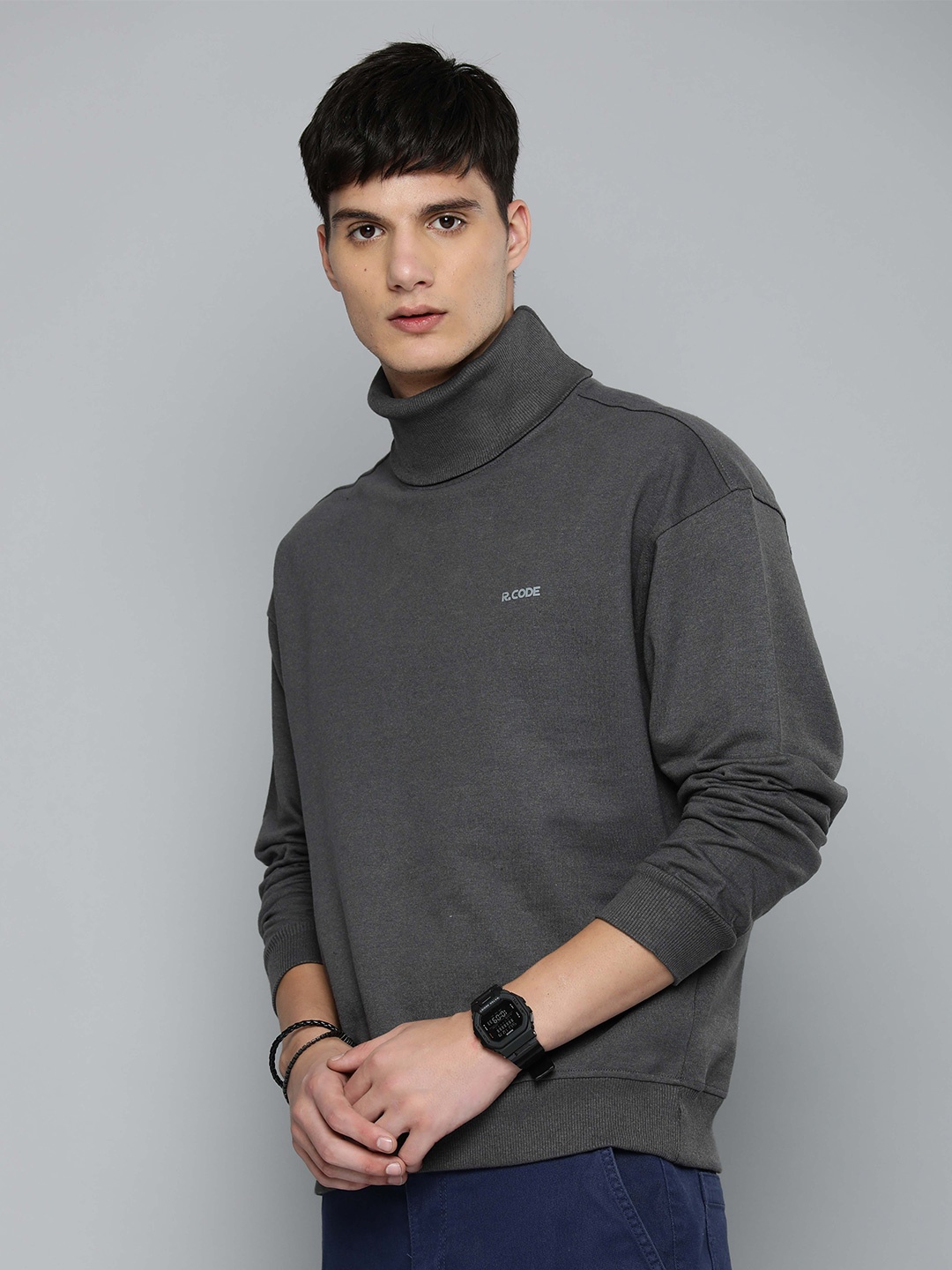 

R.Code by The Roadster Life Co. Turtle Neck Cotton Oversized Pullover, Grey