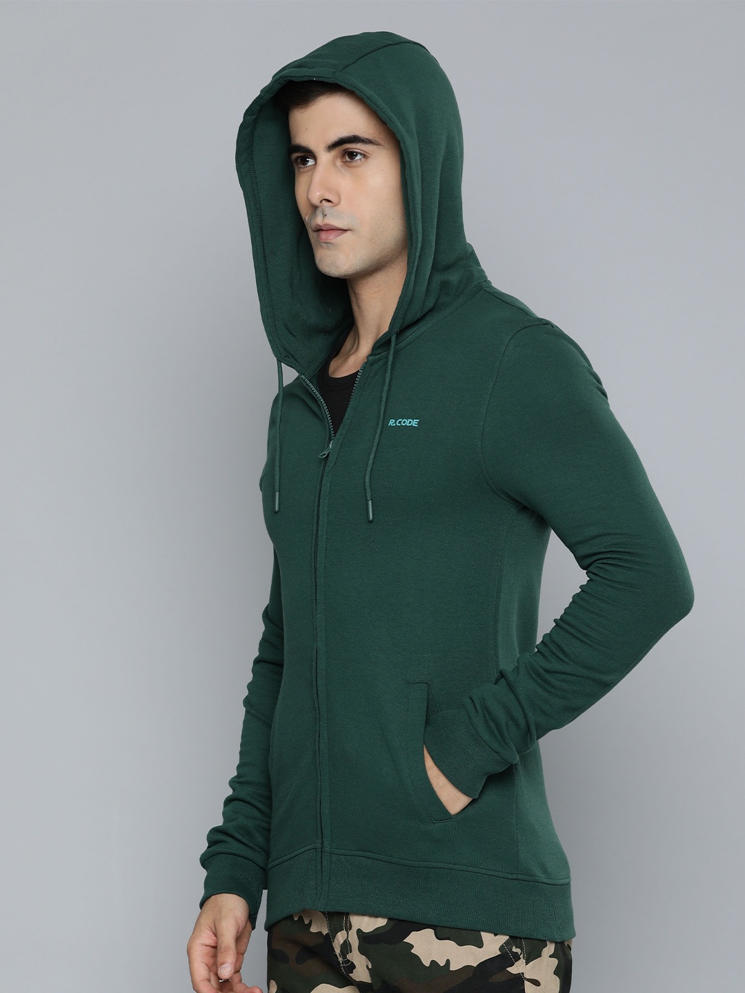 

R.Code by The Roadster Life Co. Hooded Cotton Front Open Sweatshirt, Green