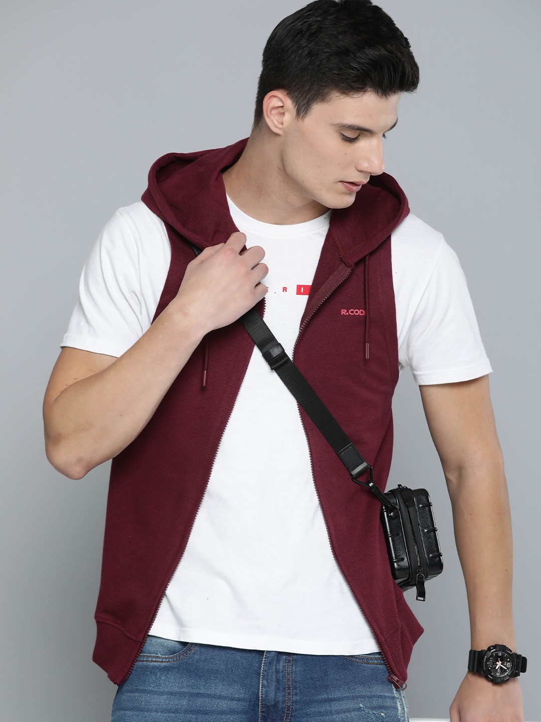 

R.Code by The Roadster Life Co. Hooded Sleeveless Cotton Front Open Sweatshirt, Burgundy
