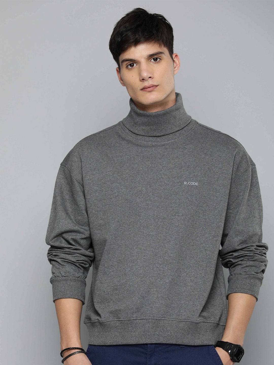 

R.Code by The Roadster Life Co. Turtle Neck Long Sleeves Pullover Sweatshirt, Charcoal