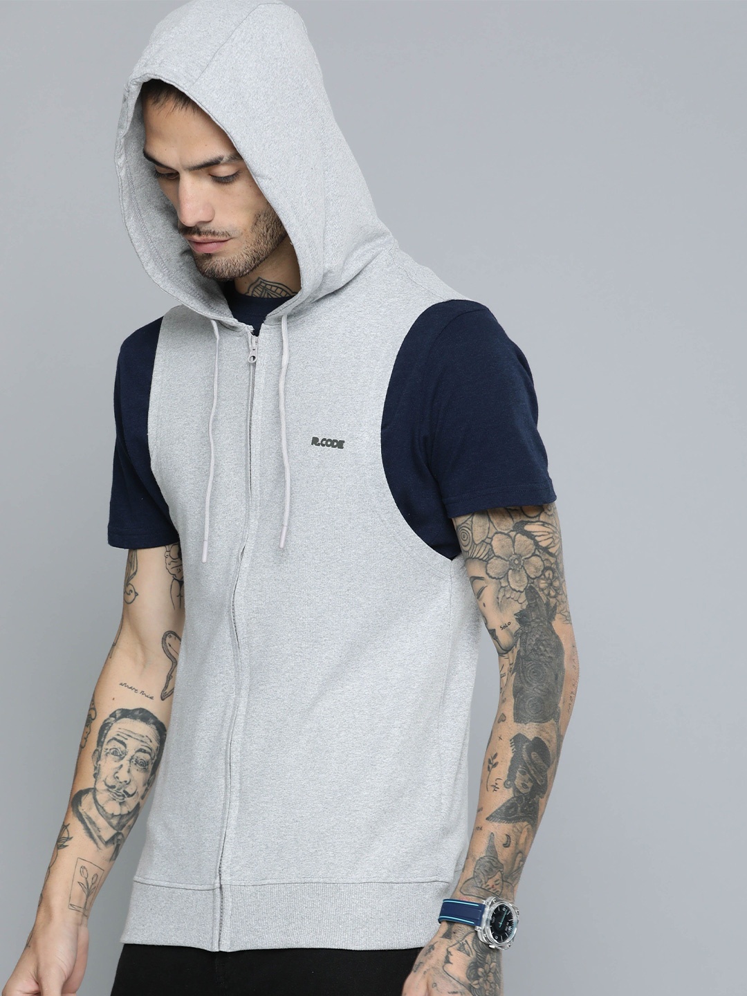 

R.Code by The Roadster Life Co. Hooded Sleeveless Sweatshirt, Grey melange