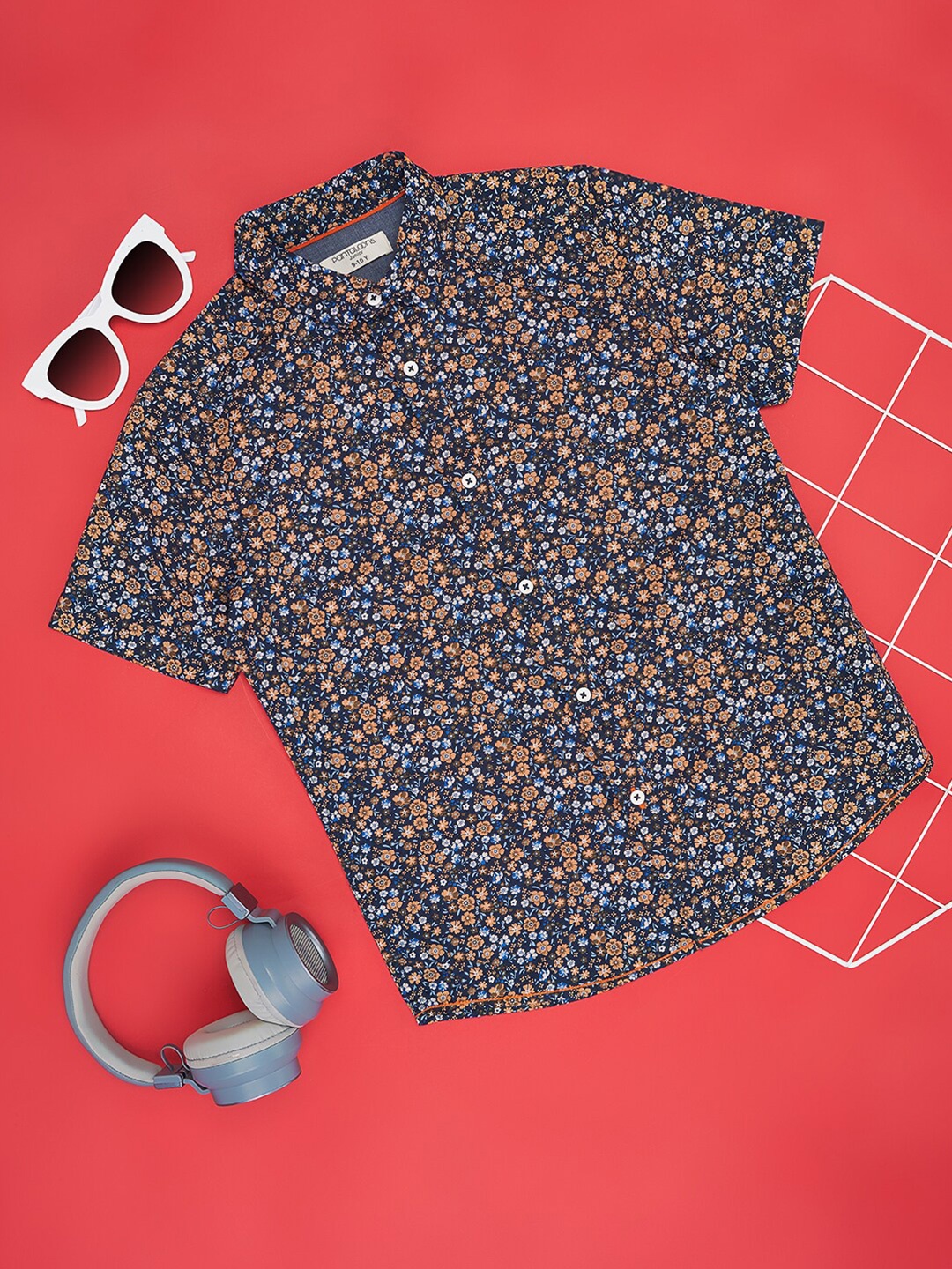 

Pantaloons Junior Boys Floral Printed Cotton Spread Collar Casual Shirt, Navy blue